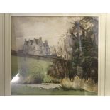 MAUD PARKER. Framed, mounted, glazed, signed, watercolour landscape with a house on a hill, 22cm x