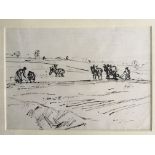 THOMAS HENNELL. Framed, mounted, glazed, ink drawing of a countryside with farmers ploughing, 18.5cm