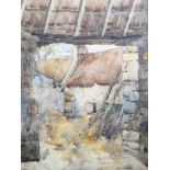 JOHN EDNIE. Framed, signed, watercolour on paper, entrance to barn, 35cm x 25.5cm.