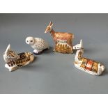 Four Royal Crown Derby figurines, Llama, donkey, Snowy Owl and Pronghorn antelope.