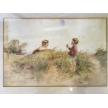 TOM PATERSON. Framed, mounted, glazed, signed with monogram, watercolour scene of children playing