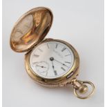 A plated P. S. Bartlett Waltham Watch Co. full hunter crown wind pocket watch, the white enamel dial