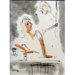 SHEILA BENSON. Framed, signed with initials, ink on canvas, scene with two ladies at a bar, titled