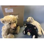 A Steiff Jahrtausend-Teddybar blond 43, in box with Margaret Steiff Museum bear and Pixie leopard.