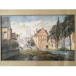 Framed, mounted, glazed, watercolour of a canal in Bruges with figures, 26cm x 42cm.