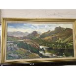 Indistinctly signed, framed, oil on canvas mountain river scene with cattle.