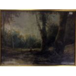 Framed, signed with initials 'C. W.', oil on canvas, figure by a stream in a dark landscape, 34.