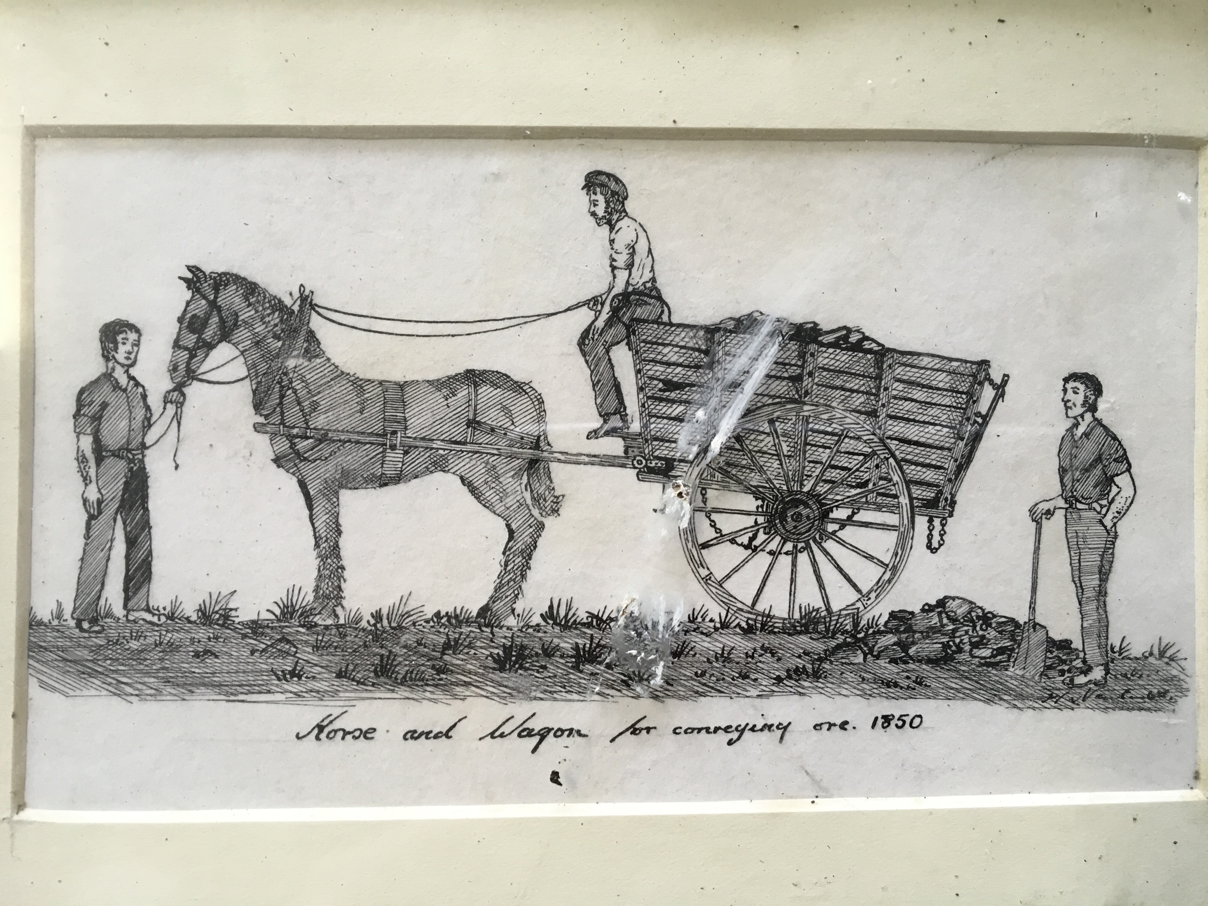 Framed, mounted, glazed, etching of figures with a horse and cart, titled 'Horse and Wagon for