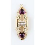 An Adler amethyst and diamond pendant, the elongated design set with two triangular amethyst