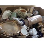 A collection of plated ware, a Royal Doulton jug, a pair of dogs, china, glassware etc.