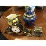 A decorative lidded China vase, decorative jug, metal cigarette box and a modern black lacquered