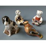 Four Royal Crown Derby figurines, Yorkshire Rose Mummy and Daddy bears, Molly and bird.