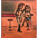 SHEILA BENSON. Framed, signed with initials, oil on canvas, scene of two ladies at a bar, titled