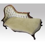 A 19ty Century rosewood chaise lounge on cabriole support, with light green upholstery.