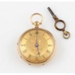 A Victorian ladies 18ct yellow gold key wind open face fob watch, the gold tone dial having hourly