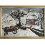J. BONNER. Framed, oil on canvas rural winter scene, attributed and titled verso, 'The old cart',