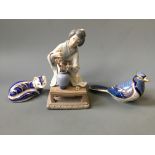A Royal Crown Derby fox and Imari blue jay together with Lladro figurine with flower vase.