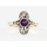 *A modern Belle Epoque style 9ct yellow gold amethyst and diamond ring, set with a central round cut