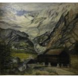 MARY BROOKS. Framed, signed, oil on canvas, mountainous scene, 65.2cm x 70cm.