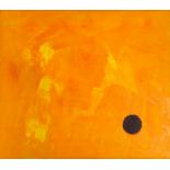 SHEILA BENSON. Framed, unsigned, oil on canvas, small black circle against an orange background,