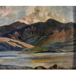 A framed, unsigned, oil on board landscape with mountains, style of Roderic O'Conor. 26.8cm x 32cm.