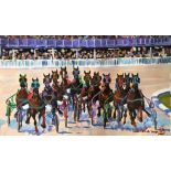 BELLAM. Unframed, signed, dated '89', acrylic on canvas of a horse racing scene, titled verso '