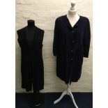 Two Jean Muir suede coats, one navy buttoned size 10, one black sleeveless hole punch design.