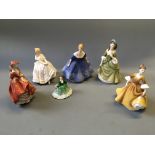 Five Royal Doulton figurines, Sandra, Stephanie, Heather, Nina and Top o' the Hill, together with