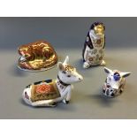 Four Royal Crown Derby figurines, donkey foal, piglet, platypus and otter.