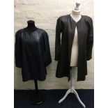 Two Jean Muir leather coats, one brown, one navy, size 10.