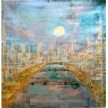 CARLOS DIAZ. Unframed, signed, dated '89', oil on canvas, modernist view of a city, 82.8cm x 82.