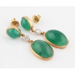 A pair of 15ct yellow gold emerald and diamond drop earrings, set with an oval emerald cabochon,