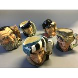 Five Royal Doulton character jugs, The Falconer, The Poacher, Merlin, Capt Ahab and Gone Away.