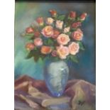 DYF. Framed, mounted, glazed, signed, pastel still life of roses in a vase, 44.5cm x 33cm