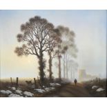 BECK. Framed, signed, oil on canvas, early morning autumn/winter foggy landscape with trees, a