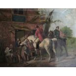 Framed, glazed, unsigned, oil on board, scene of riders and villagers, titled 'A Rest at the Inn',