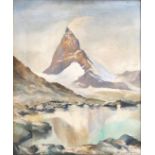 Framed, unsigned, oil on canvas, landscape featuring the Matterhorn, 59.5cm x 49.6cm