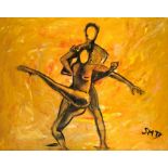 SHEILA BENSON. Framed, signed with initials, oil on canvas, two figures dancing against a yellow