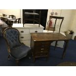 A white painted chest, four drawer chest, five drawer desk, a extending table, two chairs and a side