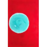 SHEILA BENSON. Framed, unsigned, oil on canvas, teal circle against a red background, titled '