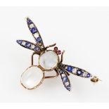 A multi-gemstone dragonfly brooch, the body set with two moonstone cabochons, the wings set with