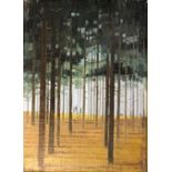 Framed, signed 'A. Newton', oil on canvas, pine forest scene with distant figures, 35cm x 25cm.