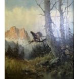 H. HARTUNG. Framed, signed, oil on canvas, Scottish landscape with bird on a branch, 79cm x 69cm.