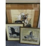 VIGIL. Three framed, mounted, glazed, mixed media images of horses and a Native American with a