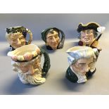 Five Royal Doulton character jugs, Neptune, Bacchus, Apothecary, Towncrier and The Fortune Teller.