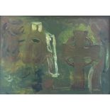 Manner of NANO REID. Framed, signed, oil on board, abstract still life composition with Celtic cross