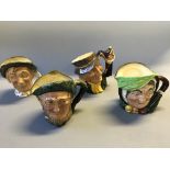 Four Royal Doulton character jugs, Sairey Gamp, Punch and Judy Man, Aulde Mac and Jarge.