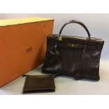 Hermes Kelly brown box leather handbag, with broken leather purse and box.