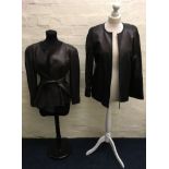 Two Jean Muir leather jackets, one brown with belt, one black, size 12.