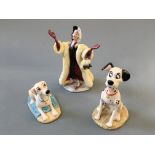 Three Royal Doulton 101 Dalmation Collection figurines, Cruella Devil, Pongo and Perdita.